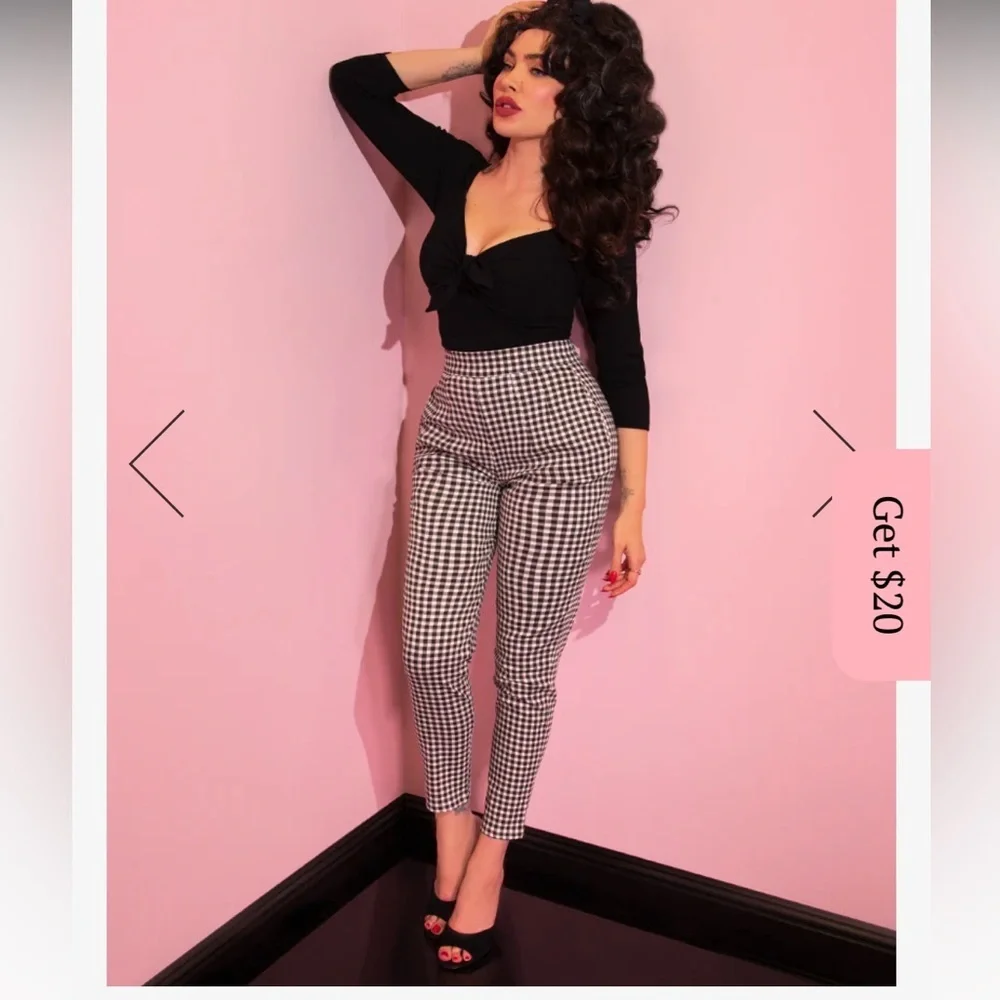 NWT Vixen by Micheline Pitt Black Gingham Cigarette Pants - Picture 4 of 11